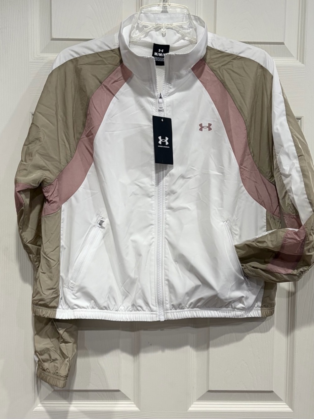 Under Armour Women's Large Icon Crinkle Track Jacket White Pink NWT Pockets